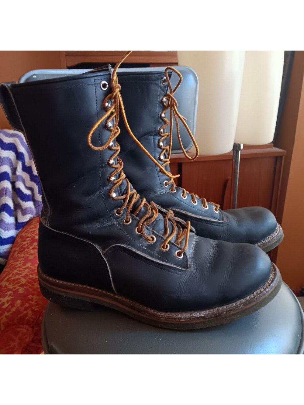 8.5 E Vintage Red Wing Mens Black Leather Lace-Up Work Boots 919 Lineman 1976